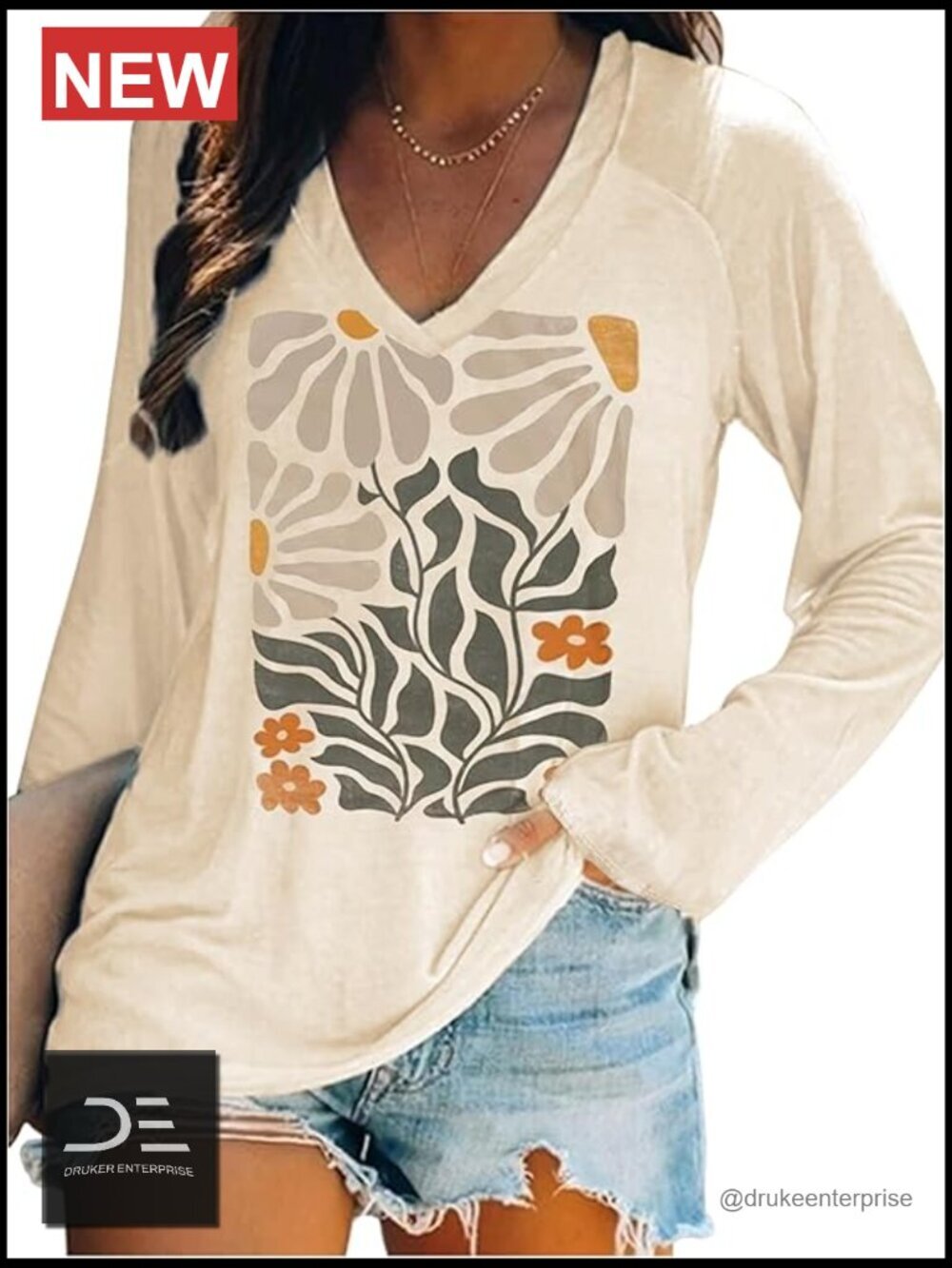V Neck Long Sleeve Floral Graphic T Shirt Cotton Blend Loose Casual Tee